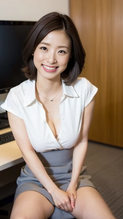 1 Japanese female,OL、office、Mid Shot、Shiny skin,smile、愛らしいsmile、Laughing with your mouth open、officeの服装、Black Hair、Business shirts、Tight shirt、Large bust、A little chubby、Grey tight skirt、mini skirt、panties、Black Hair、pumps,highest quality,Very delicate and beautiful 8K,Very high resolution,,Beautiful detailed girl,Realistic、officeの中、officeのSit on a chair、Computer Desk、Beautiful appearance、Sit on a chair、Spread your legs、Spread your legs、panties、I can see your thighs、