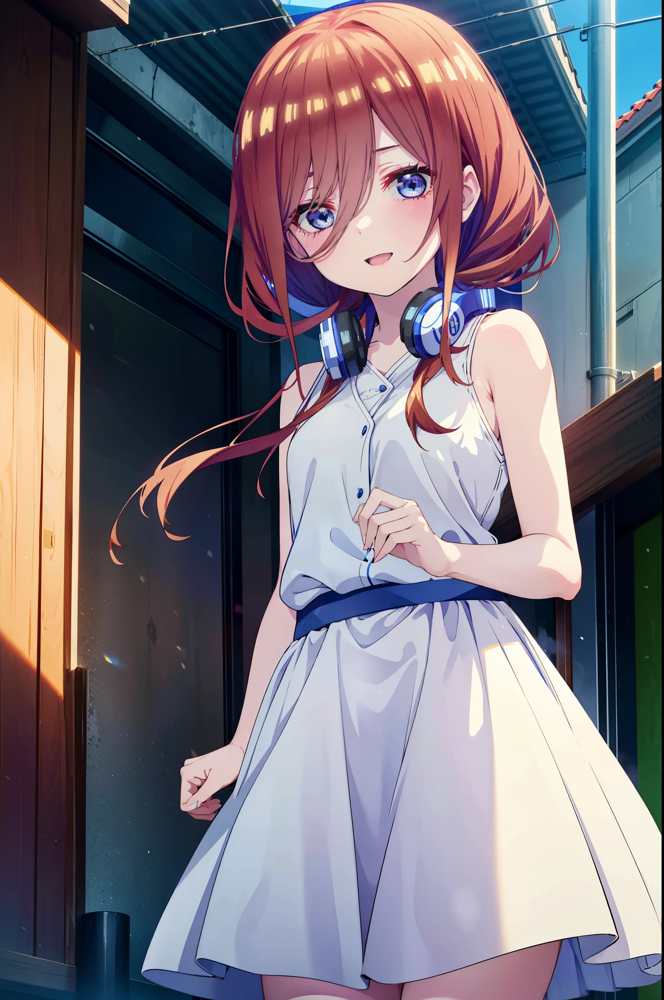 Miku Nakano, Miku Nakano, Long Hair, bangs, blue eyes, Brown Hair,ponytail,Blue Hairband ,Hair between the eyes, Headphones around neck,White sleeveless dress,Bare shoulders,Bare arms,Long skirt,Cute Sandals,Daytime,Clear skies,happy smile, smile, Open your mouth,So that the whole body goes into the illustration,Looking up from below,
break outdoors, In town,Building district,
break looking at viewer, (Cowboy Shot:1. 5)
break (masterpiece:1.2), highest quality, High resolution, unity 8k wallpaper, (figure:0.8), (Beautiful fine details:1.6), Highly detailed face, Perfect lighting, Highly detailed CG, (Perfect hands, Perfect Anatomy),