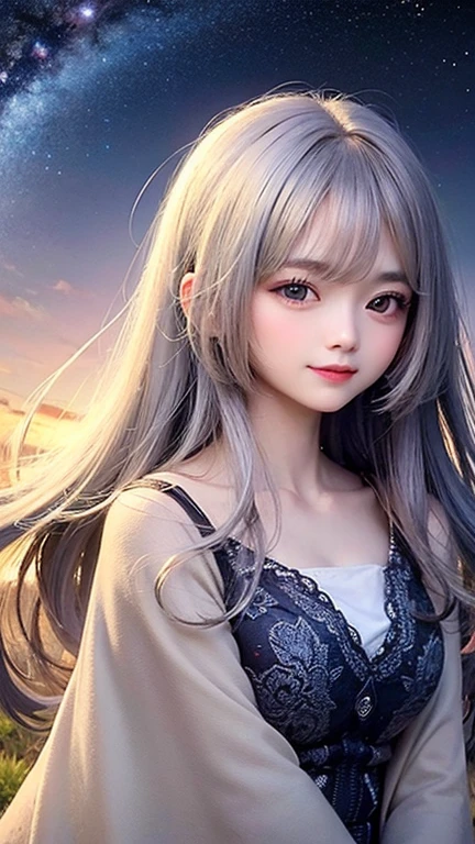 (highest quality, masterpiece), One girl, Twin tails、Pause, particle, Wind, flower, Upper Body, Simple Background, View your viewers, , Milky Way,smile、(Silver Long Hair)、cute、Twin taililky way、Crescent Moon