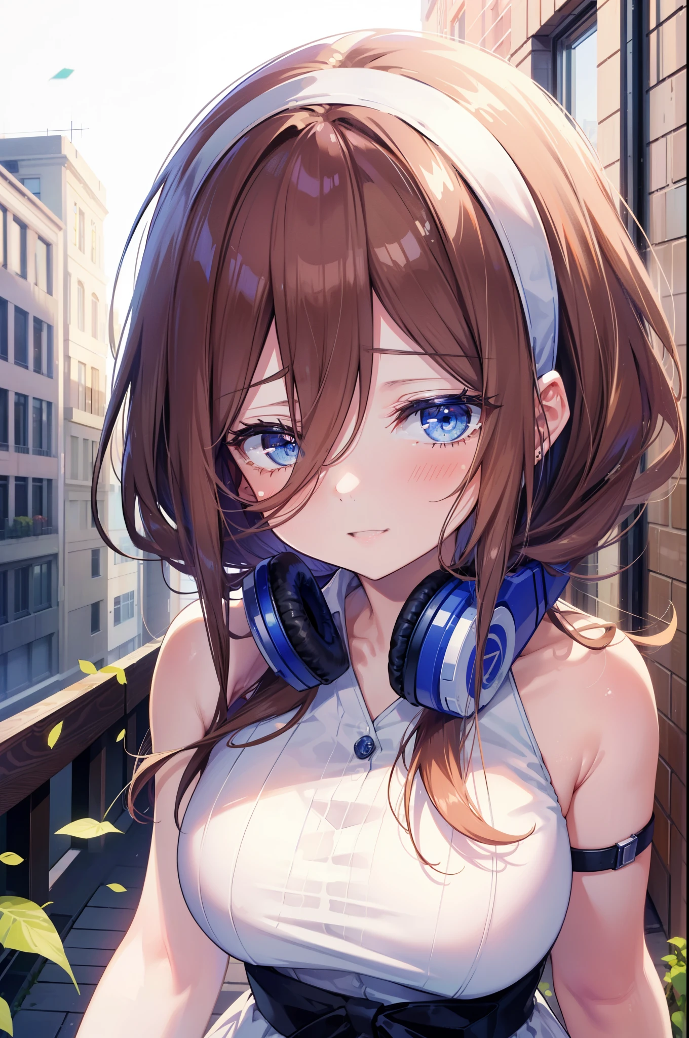Miku Nakano, Miku Nakano, Long Hair, bangs, blue eyes, Brown Hair, Blue Hairband ,Hair between the eyes, Headphones around neck,smile,blush,White sleeveless dress,Bare shoulders,Bare arms,Long skirt,Cute Sandals,Daytime,Clear skies,happy smile, smile, Open your mouth,whole bodyがイラストに入るように,上から下へ覗いてる
break outdoors, In town,Building district,
break looking at viewer,whole body, (Cowboy Shot:1. 5)
break (masterpiece:1.2), highest quality, High resolution, unity 8k wallpaper, (figure:0.8), (Beautiful fine details:1.6), Highly detailed face, Perfect lighting, Highly detailed CG, (Perfect hands, Perfect Anatomy),