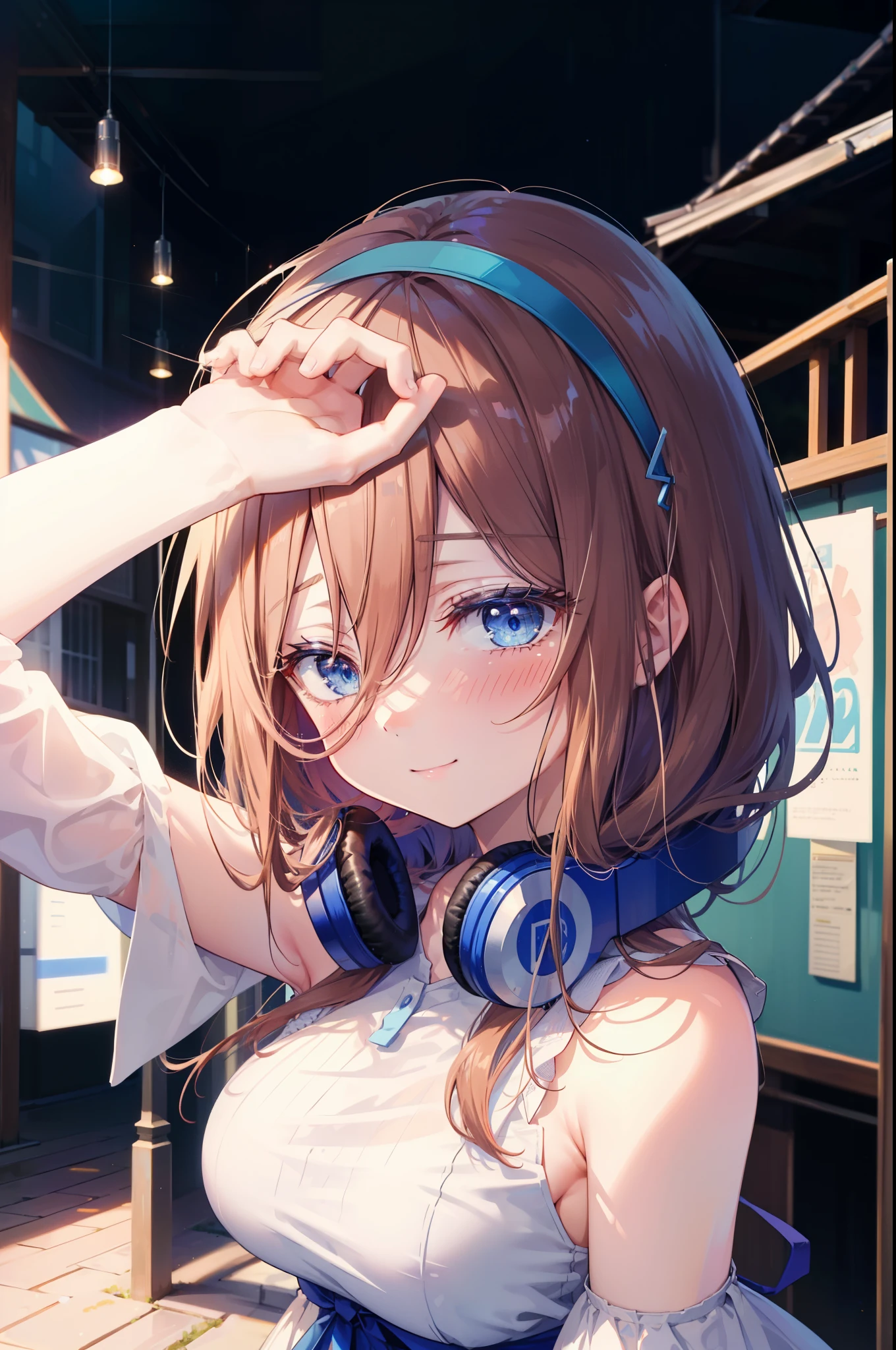 Miku Nakano, Miku Nakano, Long Hair, bangs, blue eyes, Brown Hair, Blue Hairband ,Hair between the eyes, Headphones around neck,smile,blush,White sleeveless dress,Bare shoulders,Bare arms,Long skirt,Cute Sandals,Daytime,Clear skies,happy smile, smile, Open your mouth,whole bodyがイラストに入るように,上から下へ覗いてる
break outdoors, In town,Building district,
break looking at viewer,whole body,  (Cowboy Shot:1. 5)
break (masterpiece:1.2), highest quality, High resolution, unity 8k wallpaper, (figure:0.8), (Beautiful fine details:1.6), Highly detailed face, Perfect lighting, Highly detailed CG, (Perfect hands, Perfect Anatomy),