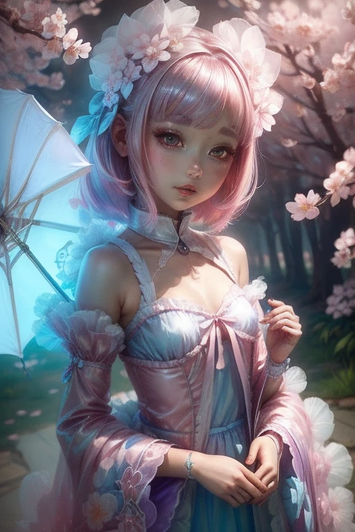 "((Charming)) Gijinka Girl, ((PlayStation 5-inspired costume)), cherry blossom backdrop, ((ethereal atmosphere)), ((soft pastel hues)), detailed painting, ((captivating gaze)), masterpiece