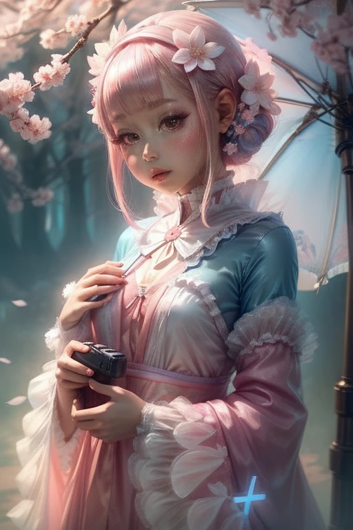 "((Charming)) Gijinka Girl, ((PlayStation 5-inspired costume)), cherry blossom backdrop, ((ethereal atmosphere)), ((soft pastel hues)), detailed painting, ((captivating gaze)), masterpiece