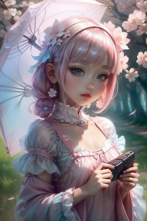 "((Charming)) Gijinka Girl, ((PlayStation 5-inspired costume)), cherry blossom backdrop, ((ethereal atmosphere)), ((soft pastel hues)), detailed painting, ((captivating gaze)), masterpiece