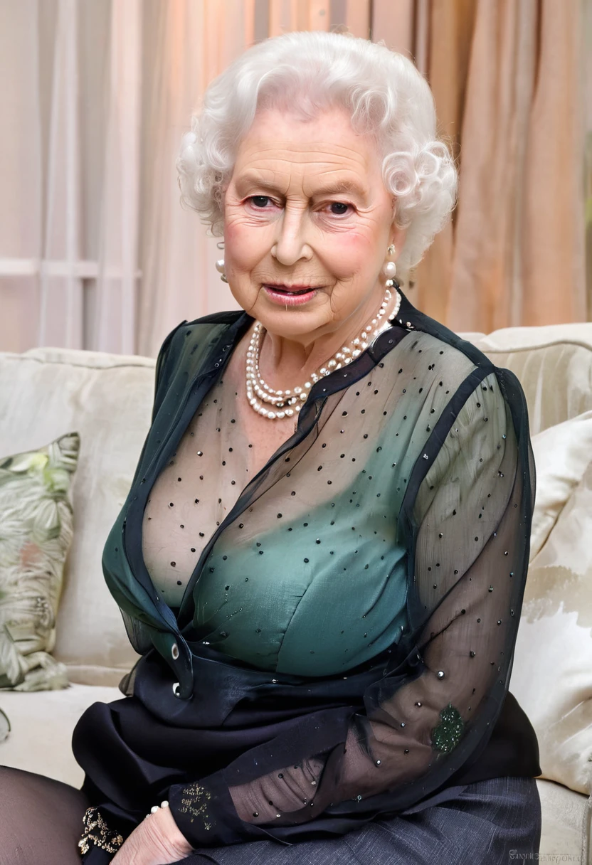 (gorgeous queen elizabeth 80yo) and a (man:1.5), (huge breast:1.4), Passionate, sitting on a bed, making love, (nsfw:1.4), (((chiffon green shirt))), lipsticks, penis, Pearl Necklace