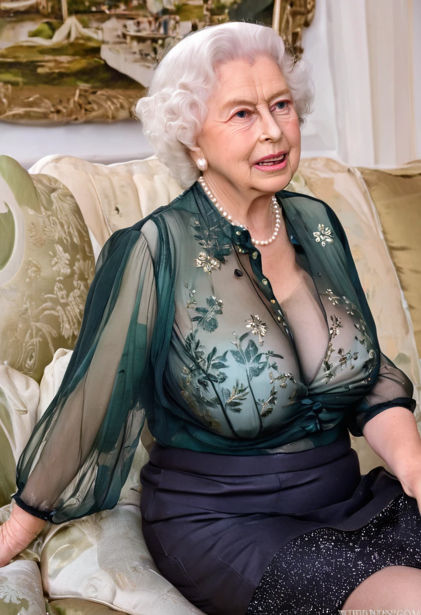 masterpiece, (queen elizabeth 80yo at hospital) (busty breast:1.4), (spread legs), (gynecolog visit her:1.3), (excessive cum on breast:1.6), (white sheer silk dress:1.5)