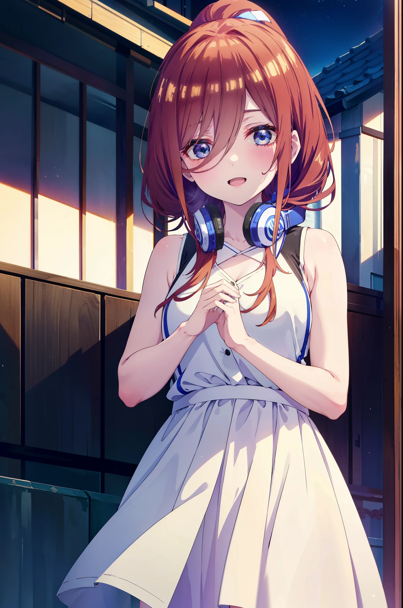 Miku Nakano, Miku Nakano, Long Hair, bangs, blue eyes, Brown Hair,ponytail,Blue Hairband ,Hair between the eyes, Headphones around neck,White sleeveless dress,Bare shoulders,Bare arms,Long skirt,Cute Sandals,Daytime,Clear skies,happy smile, smile, Open your mouth,So that the whole body goes into the illustration,Looking up from below,
break outdoors, In town,Building district,
break looking at viewer, (Cowboy Shot:1. 5)
break (masterpiece:1.2), highest quality, High resolution, unity 8k wallpaper, (figure:0.8), (Beautiful fine details:1.6), Highly detailed face, Perfect lighting, Highly detailed CG, (Perfect hands, Perfect Anatomy),