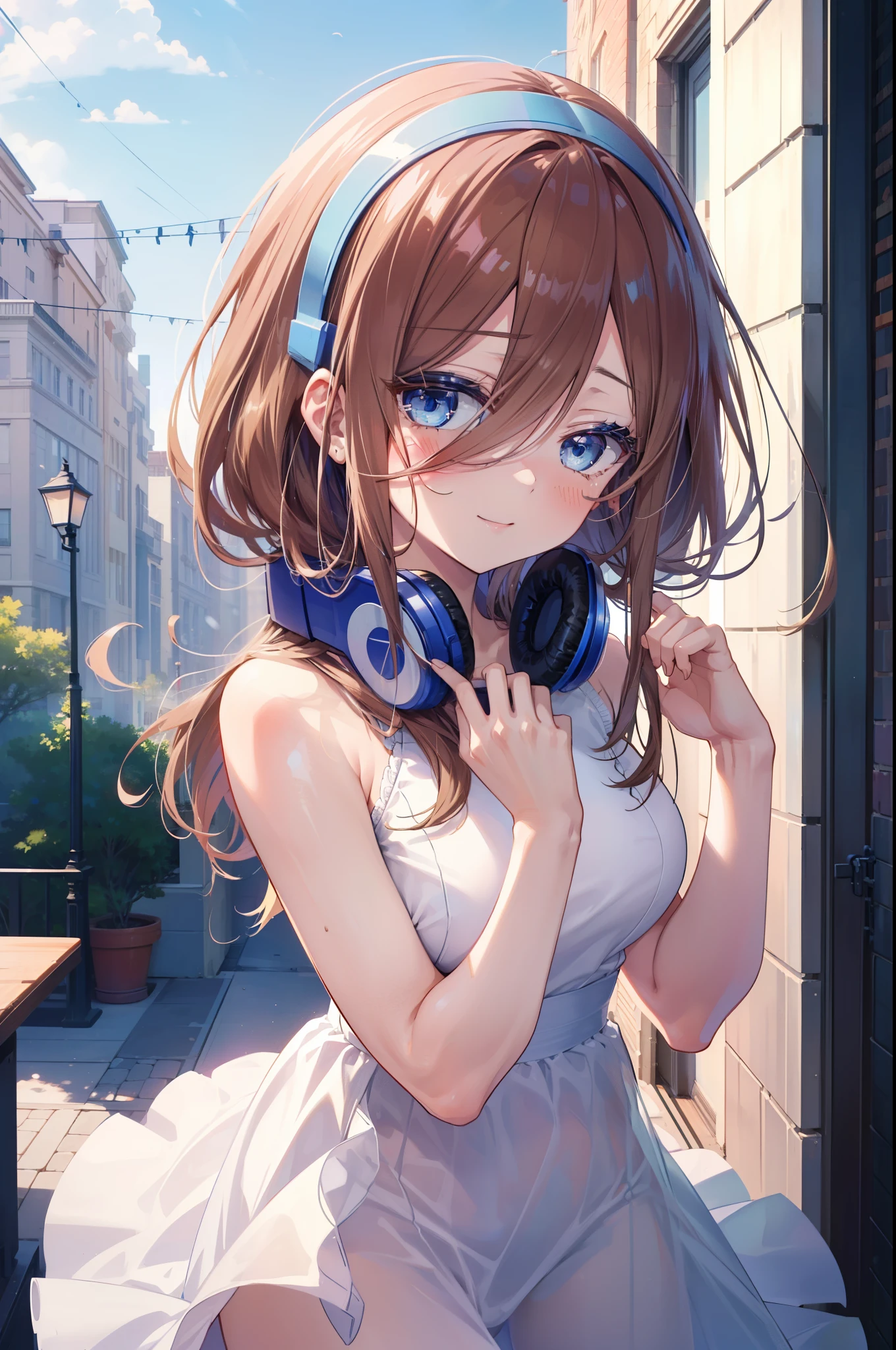 Miku Nakano, Miku Nakano, Long Hair, bangs, blue eyes, Brown Hair, Blue Hairband ,Hair between the eyes, Headphones around neck,smile,blush,White sleeveless dress,???? shoulders,???? arms,Long skirt,Cute Sandals,Daytime,Clear skies,happy smile, smile, Open your mouth,whole bodyがイラストに入るように,上から下へ覗いてる
break outdoors, In town,Building district,
break looking at viewer,whole body,  (Cowboy Shot:1. 5)
break (masterpiece:1.2), highest quality, High resolution, unity 8k wallpaper, (figure:0.8), (Beautiful fine details:1.6), Highly detailed face, Perfect lighting, Highly detailed CG, (Perfect hands, Perfect ???????),
