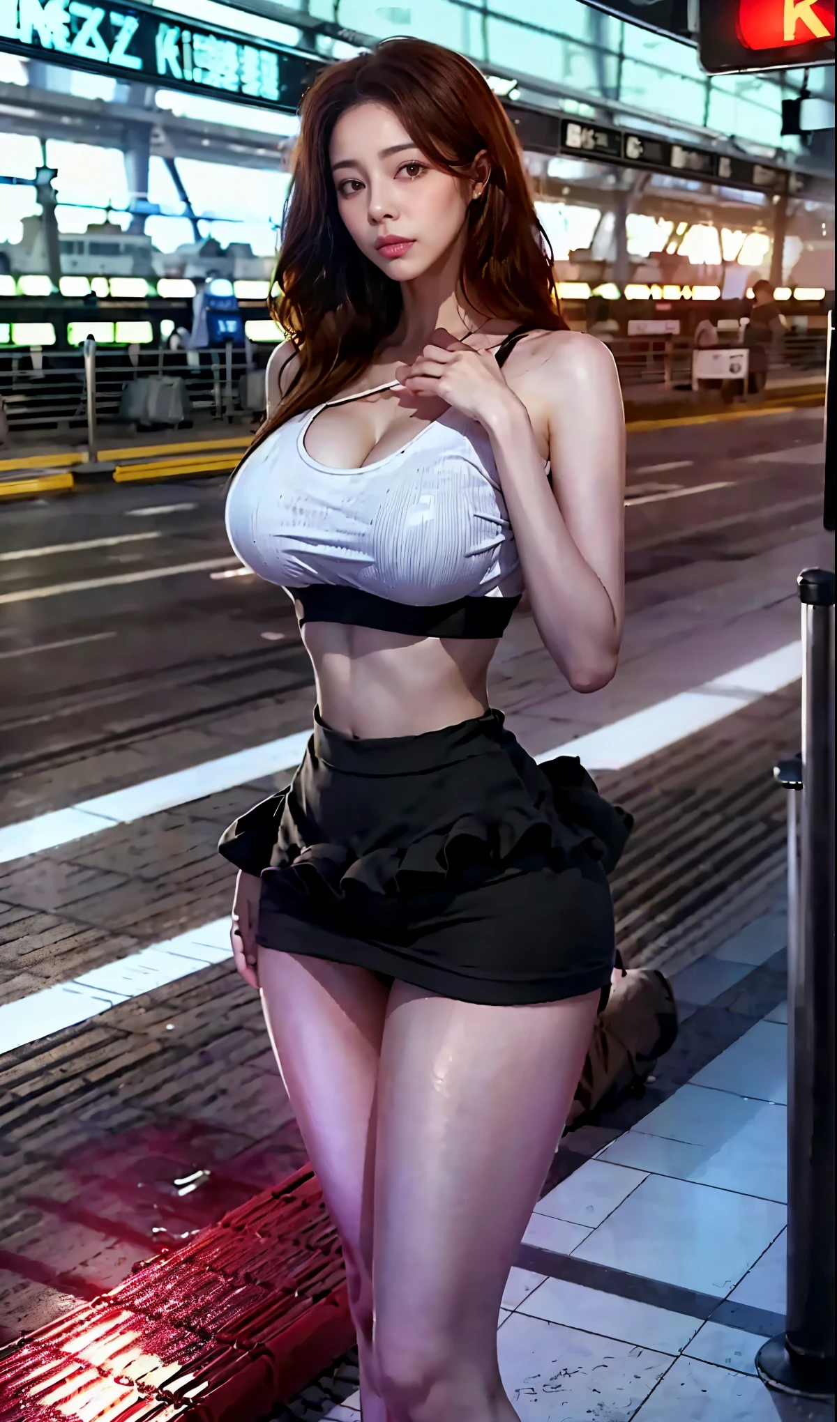 ((Best quality, 8k, Masterpiece :1.3)), Sharp focus :1.2, A pretty girl 24 years old with perfect figure :1.4, Slender abs :1.3, Raw photography、超A high resolution, full body, fair white skin、shiny white skin、(wavy blonde hair)、dark brown hair、super fine eyes, super fine hand, super fine finger、Beautiful eyes with random colors、very thin lips, finely detail、elongated eyes、pale pink blush、long eyeslasheeautiful double eyelid、Lighting that emphasizes beautiful skin、Lustrous skin 2, ((Layered long hair, Big breasts :1.2)), exposed cleavage, super fine hand , (detailed tight crop top nike), ((detailed clothing )), ((detailed face )), (((detailed mini samples short skirt))), ((show panties)) , (((airport station :1.4))), Highly detailed face and skin texture, Detailed eyes, Double eyelid