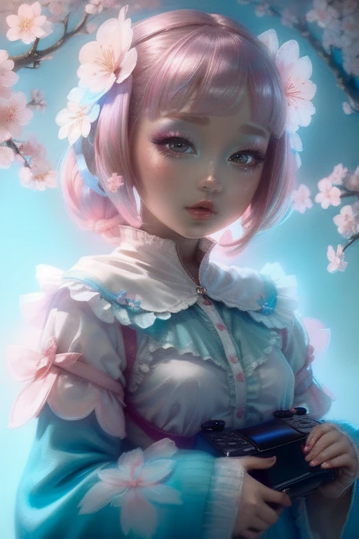 "((Charming)) Gijinka Girl, ((PlayStation 5-inspired costume)), cherry blossom backdrop, ((ethereal atmosphere)), ((soft pastel hues)), detailed painting, ((captivating gaze)), masterpiece