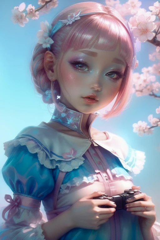 "((Charming)) Gijinka Girl, ((PlayStation 5-inspired costume)), cherry blossom backdrop, ((ethereal atmosphere)), ((soft pastel hues)), detailed painting, ((captivating gaze)), masterpiece