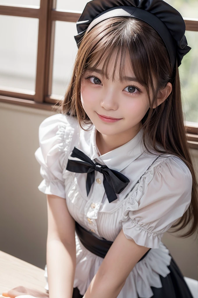 Top image quality、8K、​masterpiece：1.3))、Realistic high-quality photos、top-quality、girl cute-fine face、13 years old beautiful Japan girl、Photo of slim  model、Beautiful girl model、young japanese girl、Young cute face、japanaese girl、13-year-old female model、Beautiful Model Girl、The innocent look of the girl next door、lovely delicate face、Brown hair、Beautiful brown eyes、Tear bag、drooing eyes、young body、Wearing a cute black maid costume with short sleeves satin、At the café with a big smile、White ruffled headband、Apron with white ruffles、a black choker、Glamorous figure、