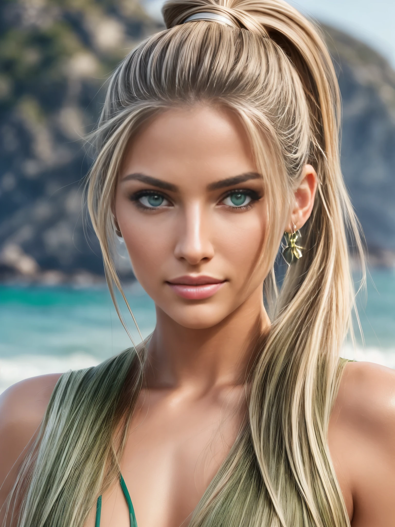 Cinematic soft lighting illuminates a stunningly detailed and ultra-realistic beautiful Greek supermodel, ((frontal portrait)), beach look, long messy windy dark blonde hair, ((ponytail hairstyle)), ((clear green eyes)), captivating perfect smile, sensual, hot woman, gorgeous, that is trending on ArtStation. Octane is the perfect tool to capture the softest details of this 16k photography masterpiece.
