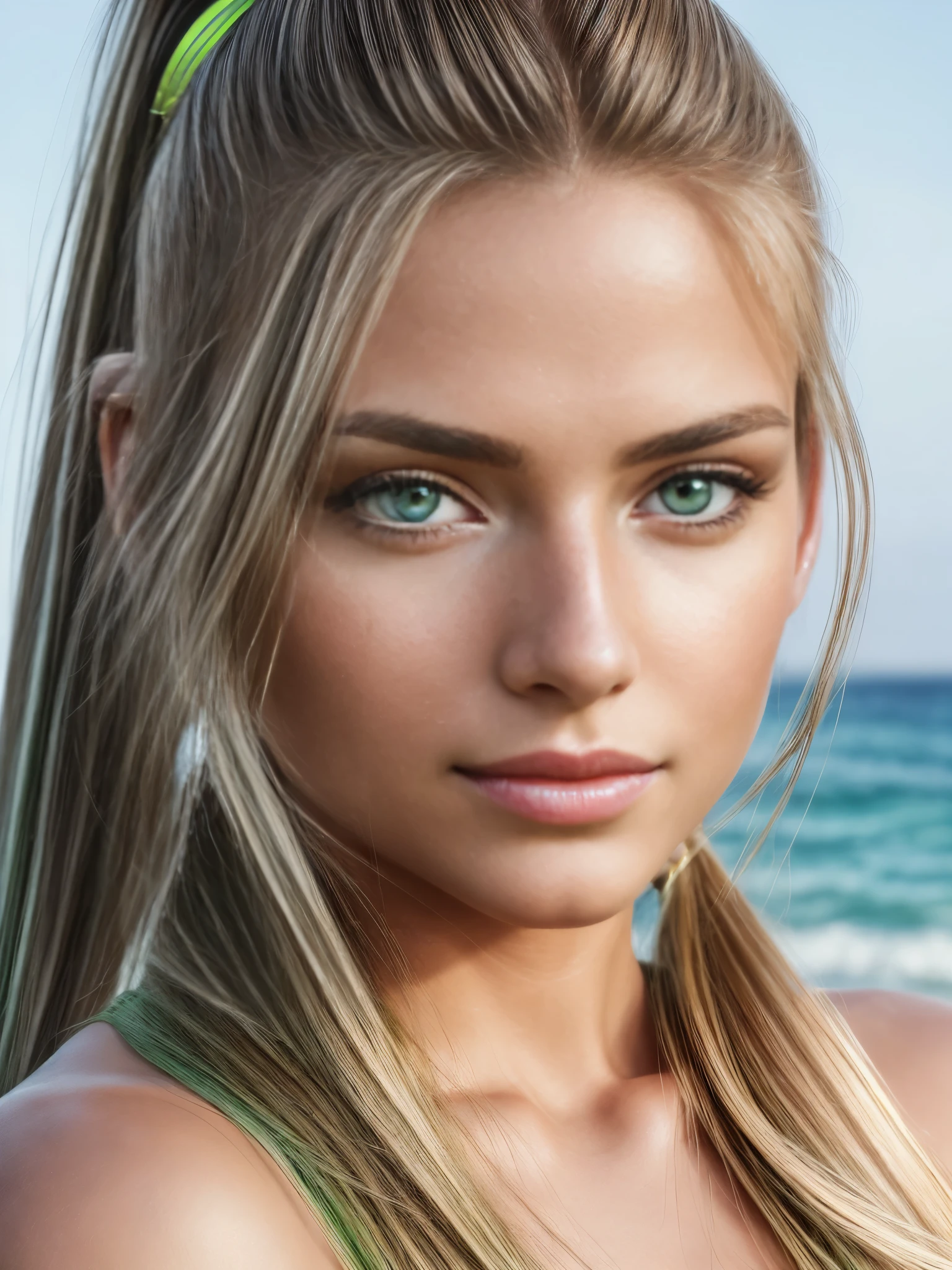 Cinematic soft lighting illuminates a stunningly detailed and ultra-realistic beautiful Greek supermodel, ((frontal portrait)), beach look, long messy windy dark blonde hair, ((ponytail hairstyle)), ((clear green eyes)), captivating perfect smile, sensual, hot woman, gorgeous, that is trending on ArtStation. Octane is the perfect tool to capture the softest details of this 16k photography masterpiece.