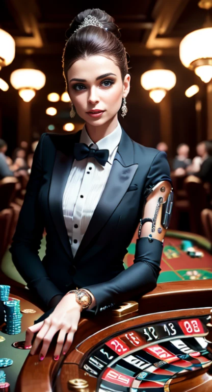 Elegant casino, men in tuxedos and women in luxurious dresses playing poker, roulette, and throwing dice. Anthropomorphic cyborgs blending seamlessly into this glamorous scene. (Best quality, 4k, highres, masterpiece:1.2), ultra-detailed, realistic, HDR, (intricate details:1.12), (sharp focus, vivid colors, bokeh:1.1). Magnificent chandeliers illuminating the opulent room, casting a soft light on the exquisite architecture. Intricate details highlighting the intricacies of the cards and the precision of the roulette wheel. The cyborgs seamlessly integrated with their human counterparts, their hyper-realistic skin textures contrasting with the elegant attire. Slim figures and beautiful anatomy complementing the overall elegance.