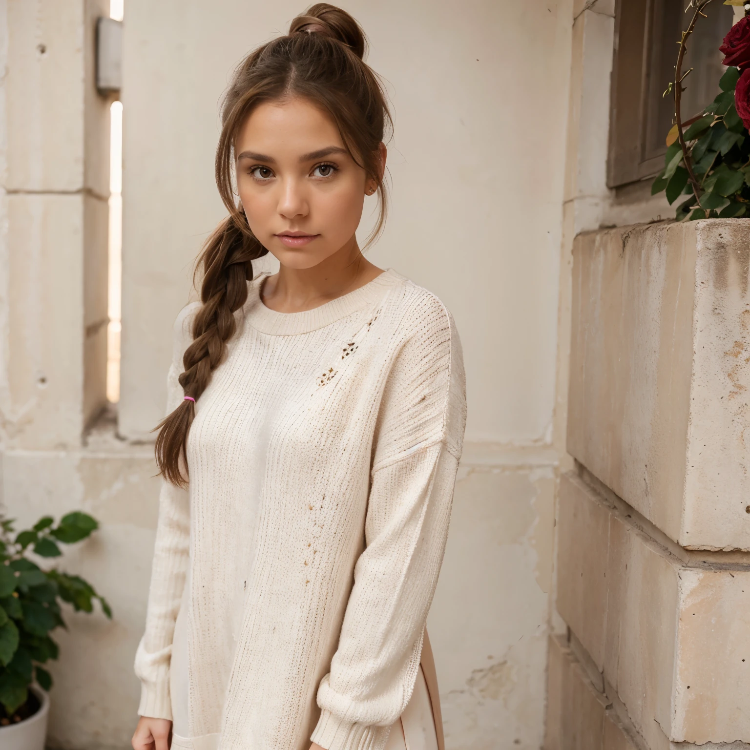 , brown hair, ojos grandes y claros, tez blanca, beige dress with rose and beige sweater with rose, botas negras, ponytail hairstyle and pink bow