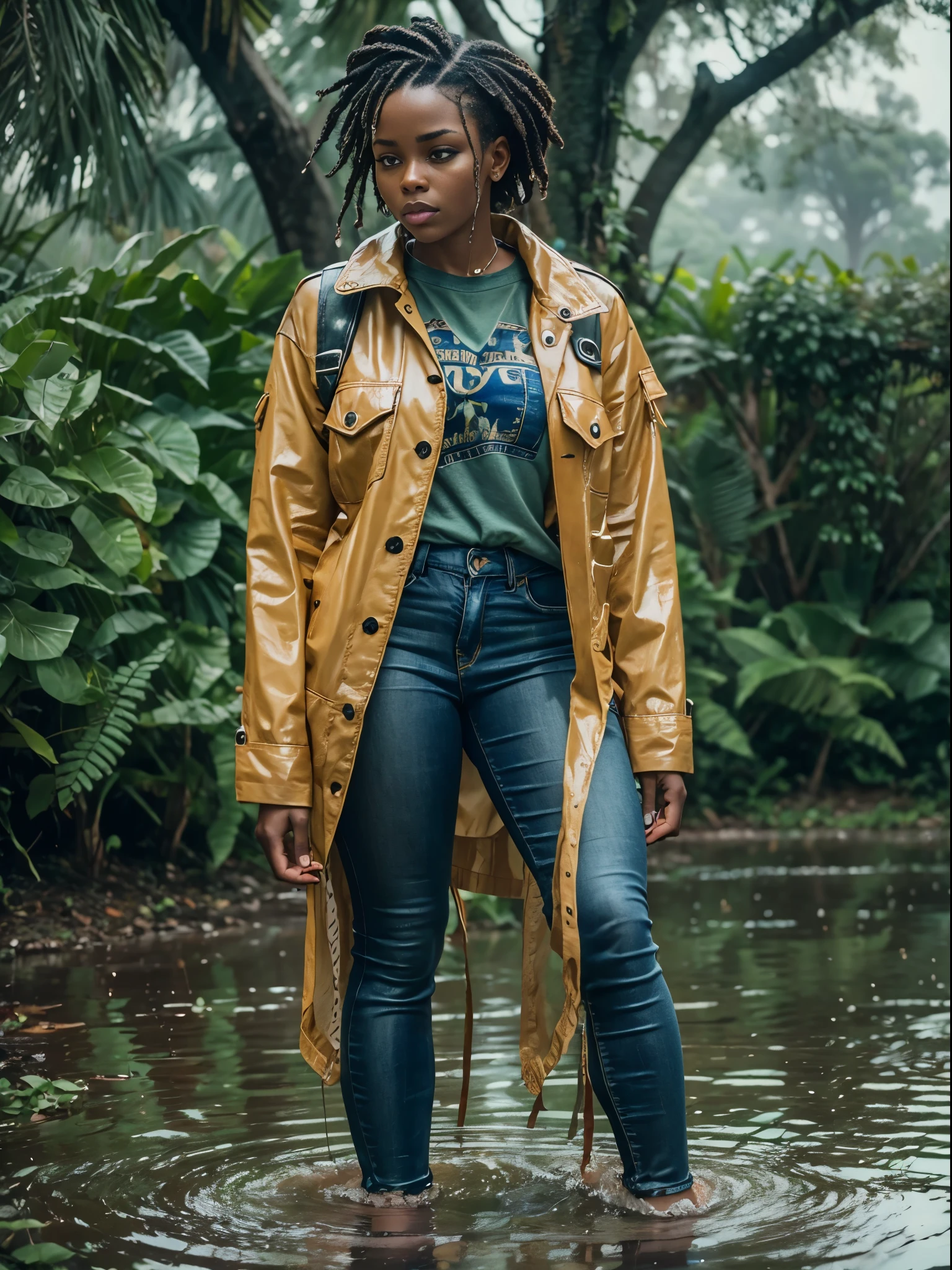 African woman wearing wet denim, wet clothes, dripping, in the park, overcast, wet grass, puddles