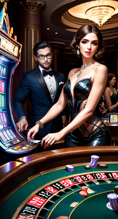 An elegant casino setting unfolds, adorned with men in tuxedos and women in luxurious dresses, engaged in lively games of poker, roulette, and dice throwing. Anthropomorphic cyborgs gracefully blend into this glamorous scene, impeccably disguised among the human players. 

The whole image is a hallmark of high quality, boasting the best resolution of 4k, high resolution rendering, and an artistic masterpiece quality with a touch of 1.2. Every detail is flawlessly captured, resulting in an ultra-detailed and realistic depiction. A high dynamic range (HDR) further enhances the overall visual impact, bringing out both the intricate details and the vibrant colors. 

Illuminating the opulent room, magnificent chandeliers cast a soft, warm light, setting the tone and adding a touch of sophistication to the exquisite architecture. As the light dances off the crystal elements, a beautiful bokeh effect enhances the atmosphere further. 

Intricate details, created with a level of precision reaching 1.12, highlight the finesse of the cards and the intricacies of the roulette wheel. Each card seems to bear a multitude of minute embellishments that manifest themselves only with a closer look. 

The cyborgs, flawlessly assimilated into their human counterparts, embody hyper-realistic skin textures that seamlessly mingle with the elegant attire. Their slim figures and graceful anatomies complement the overall elegance exuded throughout the casino. 

With this prompt, Stable Diffusion will surely produce a breathtaking image that embodies the essence of an elegant casino, seamlessly integrating anthropomorphic cyborgs into a world of opulence and glamour.