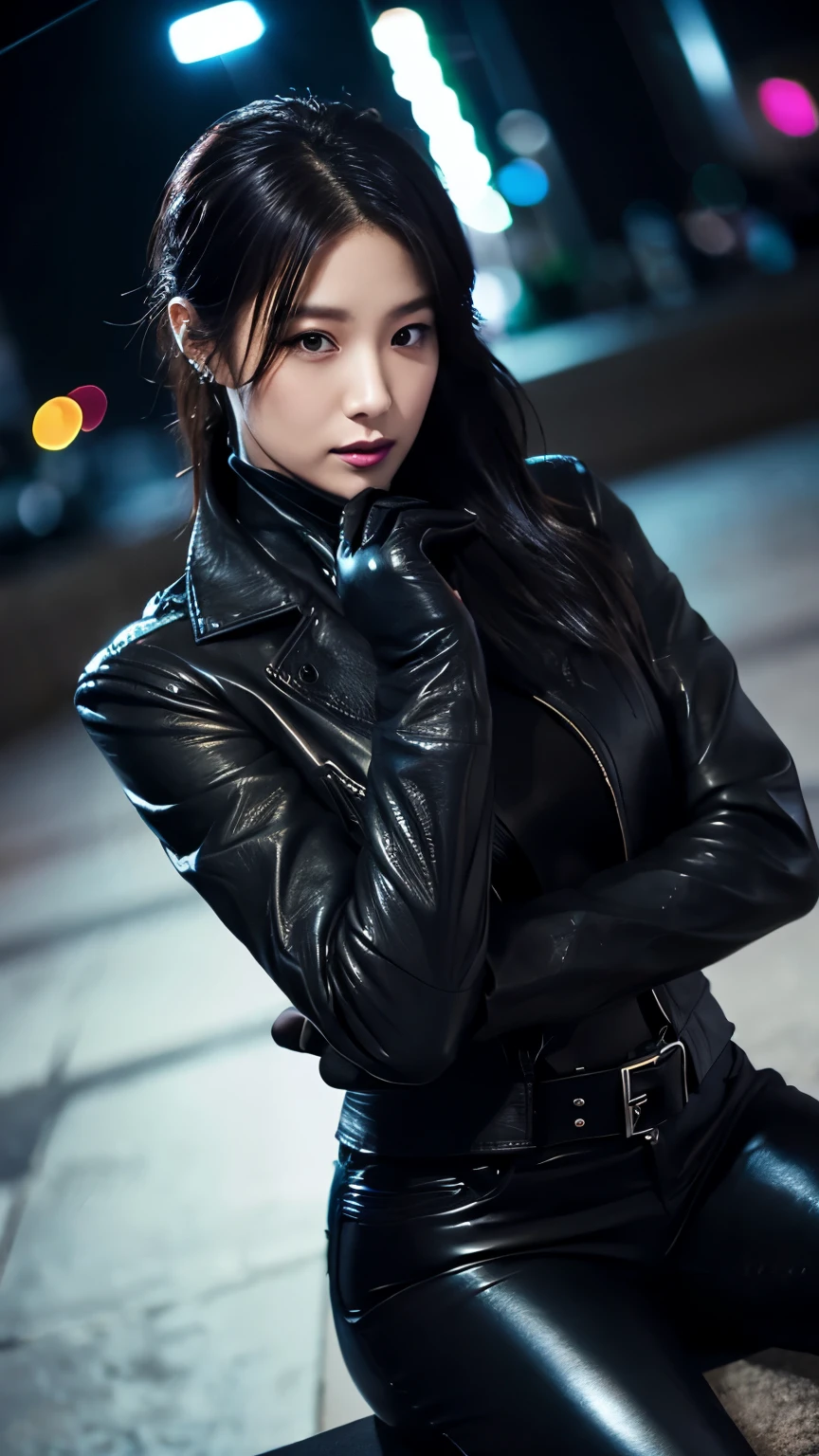 black leather rider jacket, Office in the Dark, Black leather gloved fingertips on both hands,Wearing black leather gloves,Sitting in a black leather chair、 Japanese female new recruits (Black leather gloves cover both hands) (The angle is horizontal)、Black Leather Pants,Black Leather Black Leather Pants,Black Leather Skinny Pants、Long black leather boots on both feet、Black hair ponytail ((He wears black leather gloves on his hands))Full Body Photo,full body shot full body full body leather suit,☺If you turn in this direction。Wearing black leather gloves,Wearing black leather gloves,Wearing black leather gloves,Wearing black leather gloves,Wearing black leather gloves,Wearing black leather gloves,黒のレザーパンツが美しい😍黒のレザーパンツが美しい😍黒のレザーパンツが美しい,😍Smiling while looking at me,City lights、((Neon Cyberpunk City Street:1.3))、(Neon Light)、Detailed lighting、
Best image quality、Ultra-high resolution、(realism:1.4)、Korean Beauty Star、The most beautiful KPOP stars、face、Horny Korean Makeup、A body that makes you want to touch it、Realistic leather texture、Costume made of smooth leather fabric、The drape of the curved parts of the leather fabric、The costume is very shiny、Quality of the costume、8K Photo Quality、