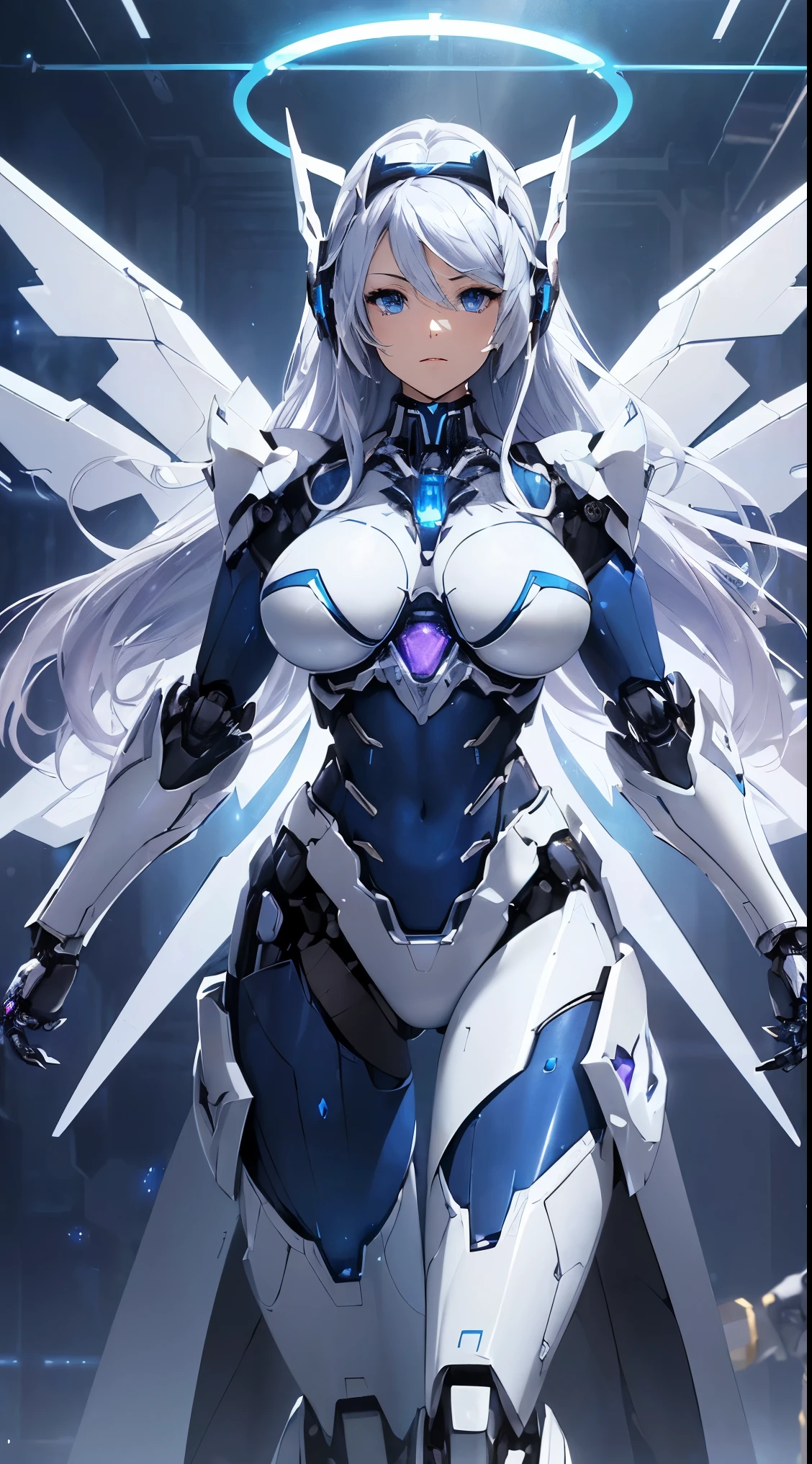 (((Shining lenses on both breasts:1.3)))、((Blue pillars of light are emanating from both chests.:1.3))、Break、(((Dynamic pose:1.8)))、smile、((8k)), ((32k)), ((highest quality)), ((masterpiece)), ((超A high resolution)), ((Tmasterpiece)), ((halo:1.4))、((Mechaニカルheadgear:1.2))、((Cyber Headphones:1.3))Fine skin, High quality fabric, Fine metal texture、((Beautiful and dense face))、RAW Photos、Professional, Ultra-fine painting, ((alone)), Beautiful breasts、highest quality, Very detailed, Very detailed詳細, Finer details, so beautiful, ((Princess Knight Robot:1.2)),  (Joints of machines, Mechanical Limbs:1.3), (The internal structure of the machine is exposed:1.3), (Long silver hair:1.1), (Beautiful and huge mechanical breasts)、White Veil, cowboy_shot, Side Focus, headgear, Shiny、(Five Fingers, Four fingers and thumb),Concept Art, Anime fantasy artwork, Detailed fantasy art, (with pale blue-violet hair and large white wings,,,,,,,), (((Long silver hair))), (Mecha:1.6)、Sleek and intimidating design, ((Commander in Chief&#39;s Arms)), (Perfect robot body)、Pure white and blue-purple arms or, Symmetrical wings, 8k high quality detailed art, 3D rendering of character art in 8K, neat legs, Defined, Defined fingers,((headshot:1.3))