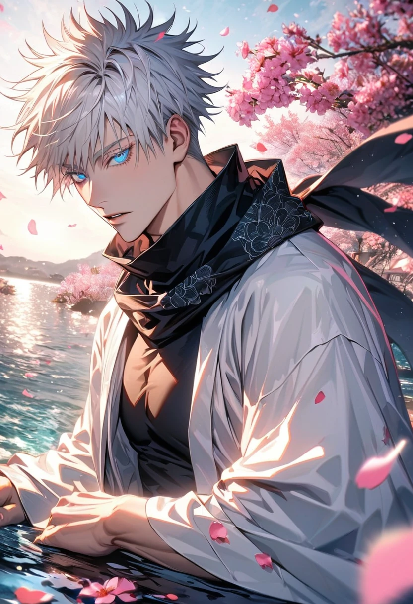 Ultra detailed, Highres, HDR, absurdres, Gojou Satoru, white hair with bangs, blue eyes, black scarf, white haori with patterns, black tight shirt, sexy man, extremely handsome, solo, very detailed face and eyes, Jujutsu Kaisen, pink butterflies, petals, pink flowers, water,