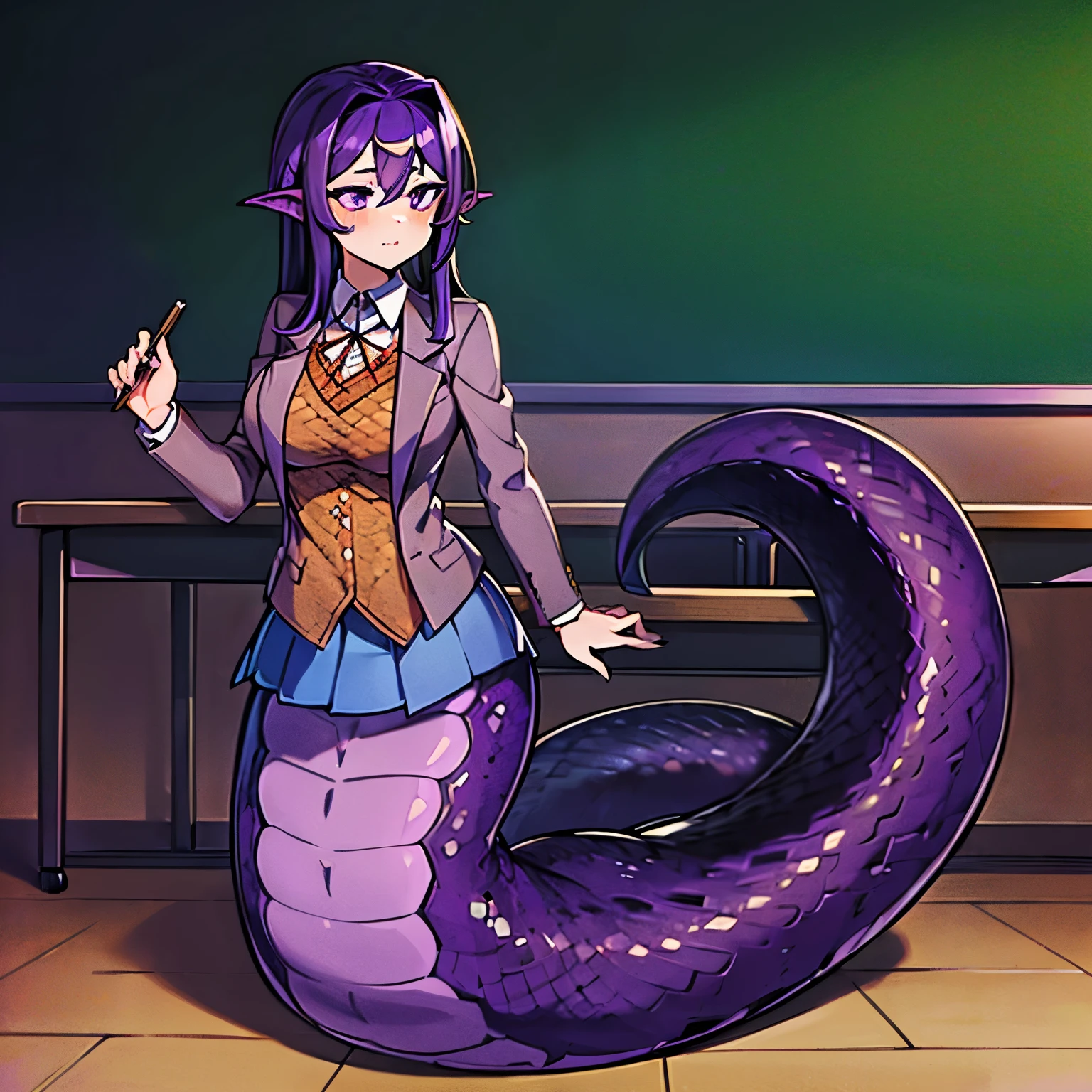 1girl, ((lamia)), ((purple scales)), tail, standing, 4k 8k, highres, best quality, masterpiece, wallpaper, ((classroom)), ((full body)), yuri, purple eyes, purple hair, hair between eyes, hairclip, blazer, brown sweater, collared shirt, neck ribbon, blue skirt,