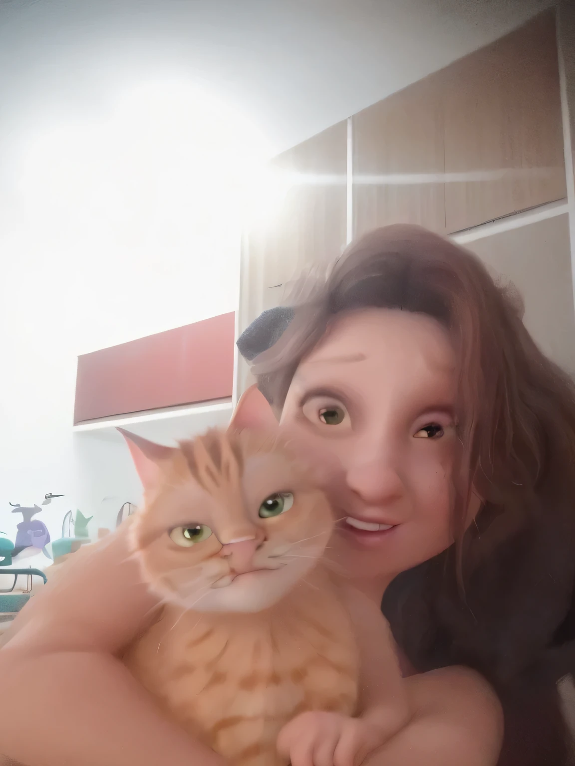 uma mulher segurando um gato laranja em estilo pixar