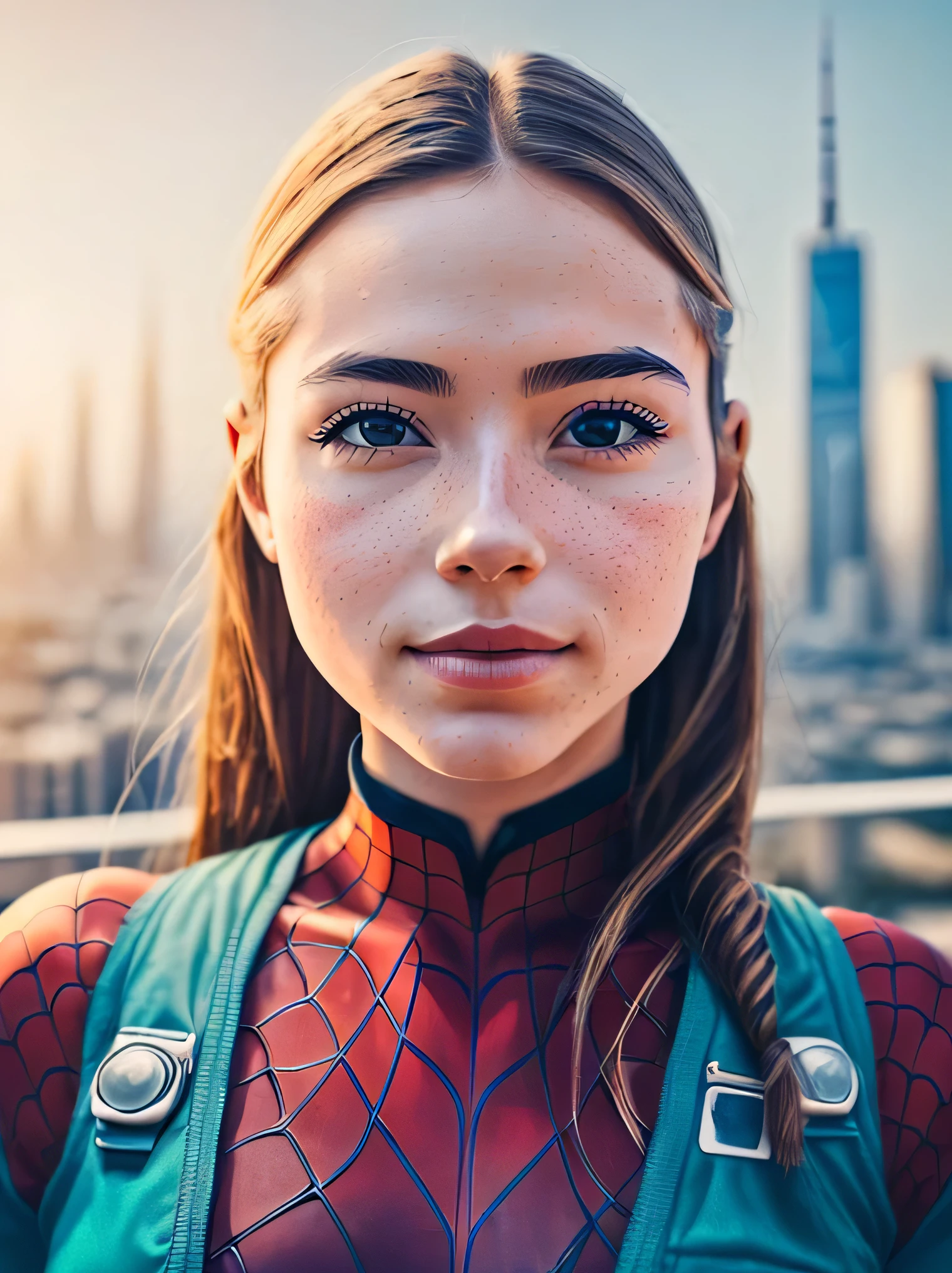 (1 girl:1.3), One, (((Very detailed face)))), ((Very detailed eyes and face)))), beautiful detailed eyes, Body parts__, official art, Unified Wallpaper 8K, Super detailed, Beautiful and Beautiful, Beautiful, masterpiece, Best quality, original, masterpiece, super good photo, Best quality, super high resolution, realistic realism, Sun Ray, full length portrait, amazing beauty, dynamic pose, gentle face, bright eyes, (front), She wears a Spiderman costume., red and black color scheme, spider, highly detailed city roof background, roof, with city view, detailed face, Detailed Complex Busy Background, sloppy, fabulous, milky white, very detailed skin, Realistic skin details, visible pores, clear focus, volumetric fog, 8K UHD, SLR camera, high quality, granularity, Bright skin, photorealism, lomography, a futuristic dystopia metropolis, translucent