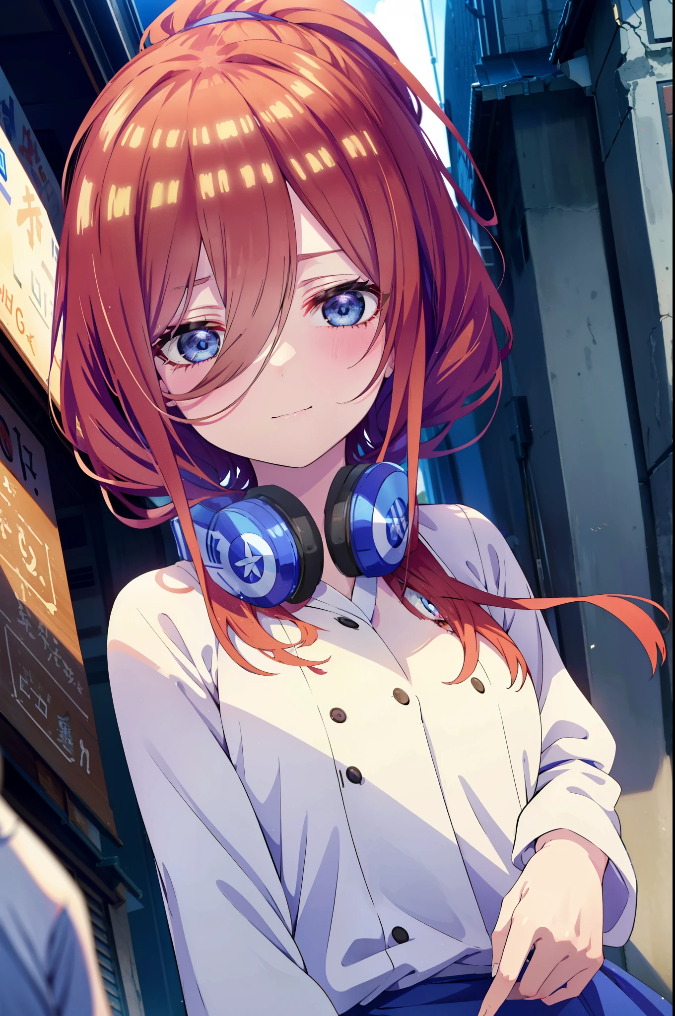 Miku Nakano, Miku Nakano, Long Hair, bangs, blue eyes, Brown Hair,ponytail,Blue Hairband ,Hair between the eyes, Headphones around neck,White sleeveless dress,Bare shoulders,Bare arms,Long skirt,Cute Sandals,Daytime,Clear skies,happy smile, smile, Open your mouth,So that the whole body goes into the illustration,Looking up from below,
break outdoors, In town,Building district,
break looking at viewer, (Cowboy Shot:1. 5)
break (masterpiece:1.2), highest quality, High resolution, unity 8k wallpaper, (figure:0.8), (Beautiful fine details:1.6), Highly detailed face, Perfect lighting, Highly detailed CG, (Perfect hands, Perfect Anatomy),