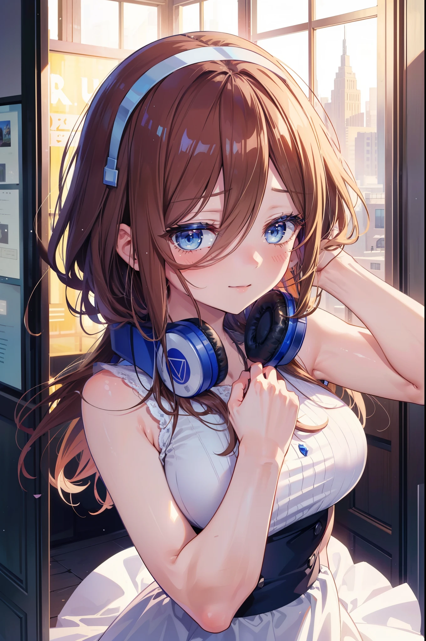 Miku Nakano, Miku Nakano, Long Hair, bangs, blue eyes, Brown Hair, Blue Hairband ,Hair between the eyes, Headphones around neck,smile,blush,White sleeveless dress, shoulders, arms,Long skirt,Cute Sandals,Daytime,Clear skies,happy smile, smile, Open your mouth,whole bodyがイラストに入るように,上から下へ覗いてる
break outdoors, In town,Building district,
break looking at viewer,whole body, (Cowboy Shot:1. 5)
break (masterpiece:1.2), highest quality, High resolution, unity 8k wallpaper, (figure:0.8), (Beautiful fine details:1.6), Highly detailed face, Perfect lighting, Highly detailed CG, (Perfect hands, Perfect ),