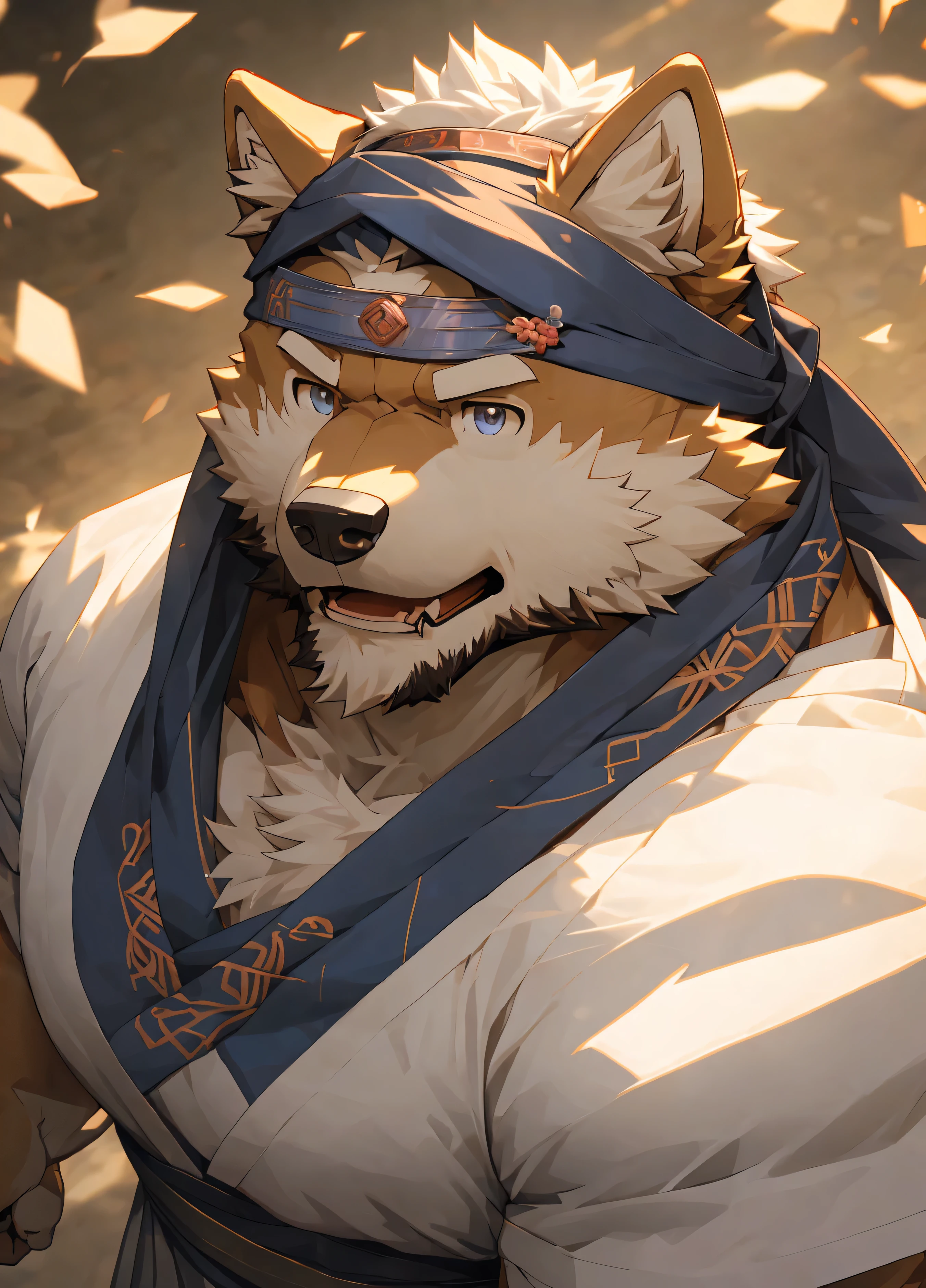 (masterpiece)，(Very detailed)，(best quality)，hairy，Shiba Inu，fur，white hair，Gray pupil，(Japan samurai costume)，((Head scarf))，((expression))，8k，(high quality)，(Ultra HD)，(Ultra Detailed)