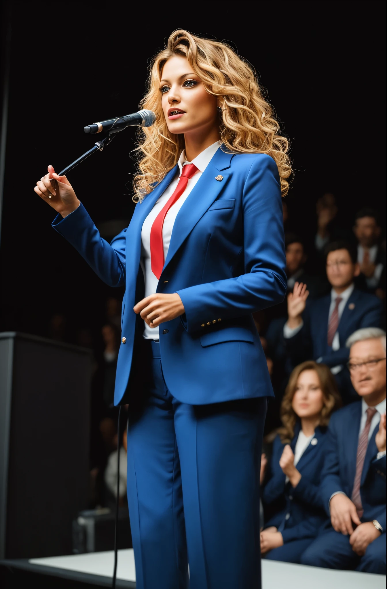 photography of a stunning blonde girl, wearing a blue business suit and a bright red tie, (((very heavy bust))), wavy hair, standing on a stage making a speech, arm raised in the air, pointing, symmetrical eyes, symmetrical face, photorealistic, photography, path tracing, specular lighting, volumetric face light, path traced hair, visible shadows, intricate, elaborate, hyper realistic