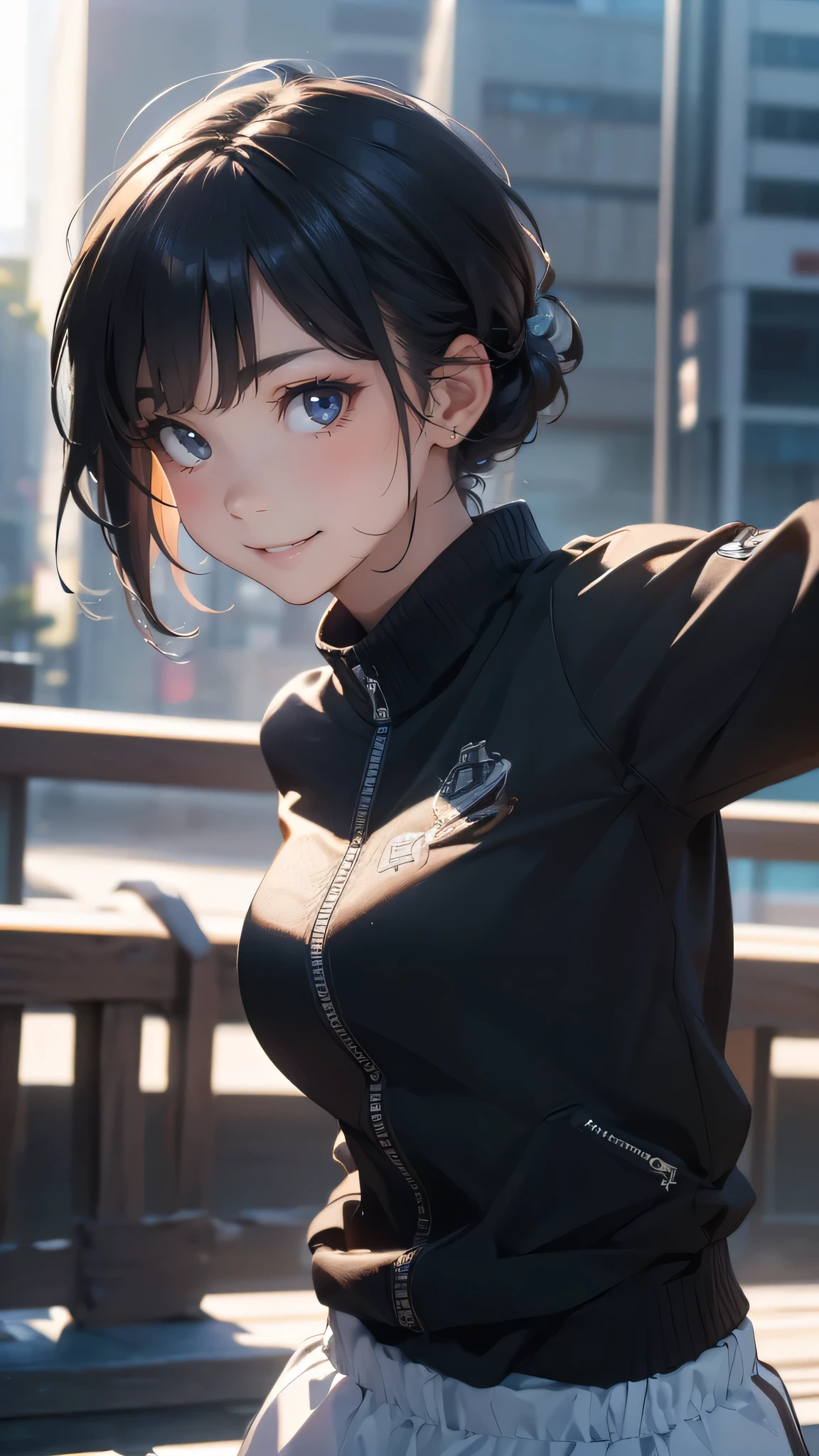 highest quality、Realistic、male、zoom、Cobalt blue eyes、maroon short hair、Hero Suit、Glossy white bodysuit、Blue accents、slender、Dark Skin、Rooftop、An inappropriate smile、Bust Shot、