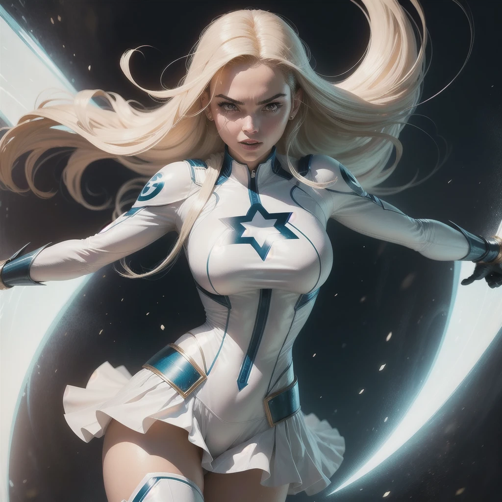garota poderosa, DC Comics, cabelo loiro, white superhero uniform