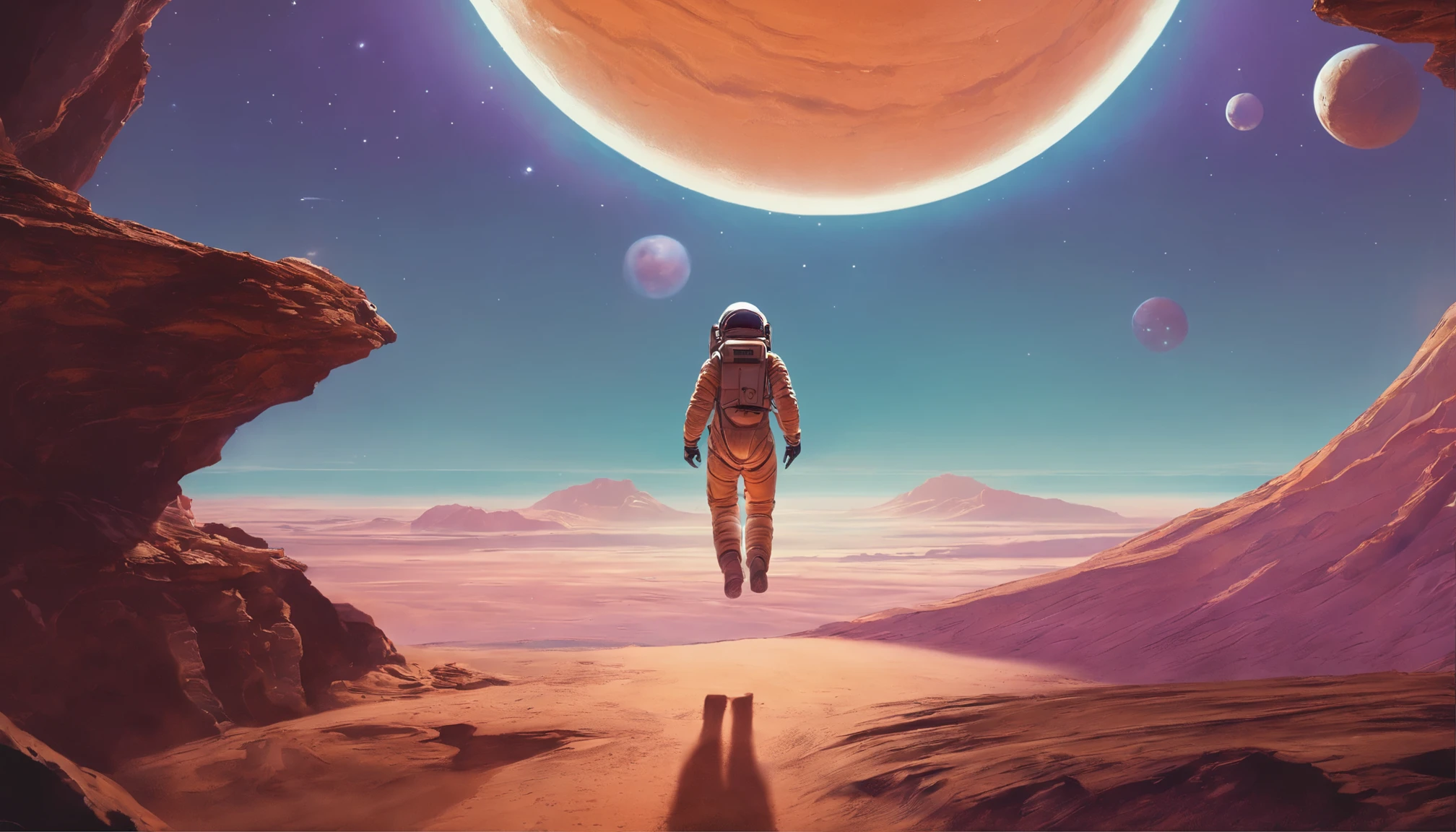 purple tint,Bright tones,Close-up of a man in a spacesuit jumping in the desert, planetes, floating beside planets, standing in outer space, Makoto Shinkai Cyril Rolando, amazing wallpapers, Space travelling, looking off into space, anime backgrounds, cosmos sem fim no fundo, dan mcpharlin, kilian eng. Moebius