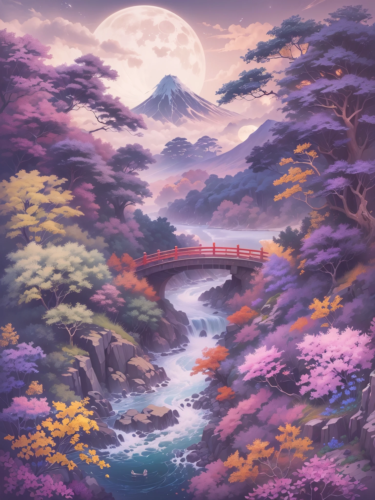((highest quality)),(Ultra-high resolution),(Very detailed),(Detailed Description),((The best CG)),(A masterpiece),Ultra-precise art,amazing drawing art,(Japanese art with intricate detail:1.5), Deep green mountain々,Clear Stream, Flowers, Birds, Wind and Moon, 