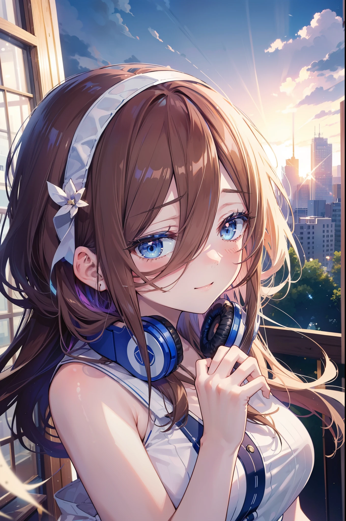 Miku Nakano, Miku Nakano, Long Hair, bangs, blue eyes, Brown Hair, Blue Hairband ,Hair between the eyes, Headphones around neck,smile,blush,White sleeveless dress,Bare shoulders,Bare arms,Long skirt,Cute Sandals,Daytime,Clear skies,happy smile, smile, Open your mouth,whole bodyがイラストに入るように,上から下へ覗いてる
break outdoors, In town,Building district,
break looking at viewer,whole body,  (Cowboy Shot:1. 5)
break (masterpiece:1.2), highest quality, High resolution, unity 8k wallpaper, (figure:0.8), (Beautiful fine details:1.6), Highly detailed face, Perfect lighting, Highly detailed CG, (Perfect hands, Perfect Anatomy),