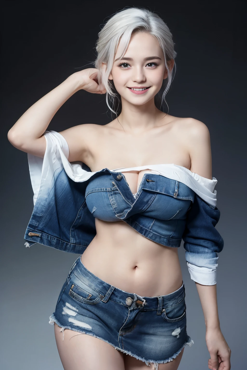 Masterpiece, Best quality, 8k, 18 years old, Raw photo, absurd, Award-winning portrait, smile, smile, pure, German, ((ombre)), huge breast, offshoulder, ((open waist)), denim, mini skirt, white hair