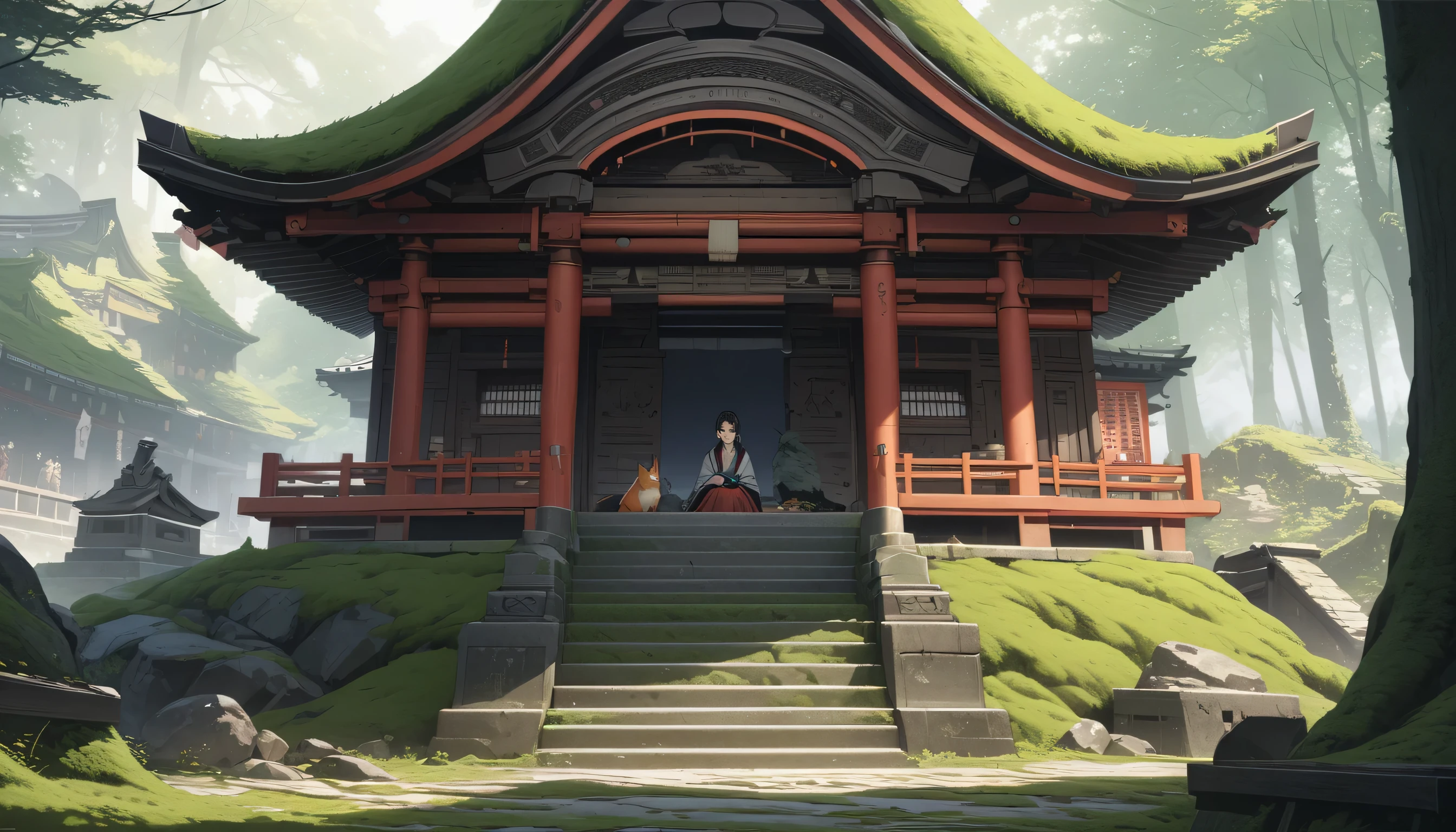 (Super detailed)highest quality(beautiful:1.1),(High resolution:1.2),Incredibly detailed illustrations, At the top of the moss-covered stone steps,A mother and fox sit under the eaves of a collapsed shrine