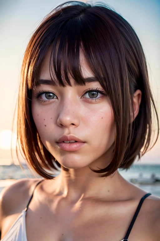masterpiece、Ultra HD、distinct、RAW UHD format、 One girl, highest quality, Realistic, alone, Depth of written boundary, Natural light, attractive, Beautiful Face, A melancholic look、Crystal Clear、clean, Pure Face, Detailed skin texture, cute, short hair, Beach, sunset、Sunset、Sunset coast, Small breasts, whole body, ((Beautiful Face、Detailed eyeoist eyes)), Micro Bikini