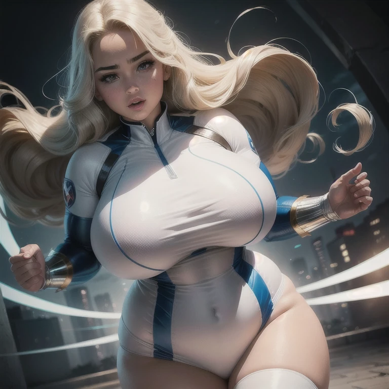 garota poderosa, DC Comics, cabelo loiro, white superhero uniform ,(chubby:1.2), (huge breasts:1.2),