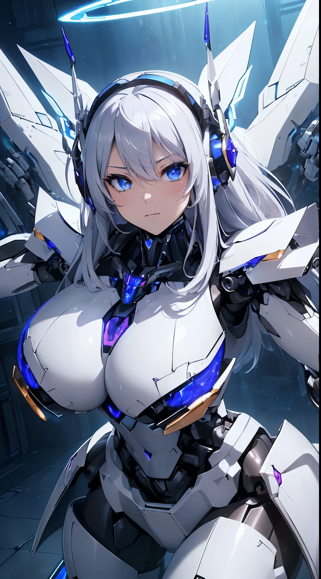 ((extreme close up:1.6))、(((Shining lenses on both breasts:1.3)))、((Blue pillars of light are emanating from both chests.:1.3))、Break、(((Dynamic pose:1.8)))、smile、((8k)), ((32k)), ((highest quality)), ((masterpiece)), ((超A high resolution)), ((Tmasterpiece)), ((halo:1.4))、((Mechaニカルheadgear:1.2))、((Cyber Headphones:1.3))Fine skin, High quality fabric, Fine metal texture、((Beautiful and dense face))、RAW Photos、Professional, Ultra-fine painting, ((alone)), Beautiful breasts、highest quality, Very detailed, Very detailed詳細, Finer details, so beautiful, ((Princess Knight Robot:1.2)),  (Joints of machines, Mechanical Limbs:1.3), (The internal structure of the machine is exposed:1.3), (Long silver hair:1.1), (Beautiful and huge mechanical breasts)、White Veil, cowboy_shot, Side Focus, headgear, Shiny、(Five Fingers, Four fingers and thumb),Concept Art, Anime fantasy artwork, Detailed fantasy art, (with pale blue-violet hair and large white wings,,,,,,,), (((Long silver hair))), (Mecha:1.6)、Sleek and intimidating design, ((Commander in Chief&#39;s Arms)), (Perfect robot body)、Pure white and blue-purple arms or, Symmetrical wings, 8k high quality detailed art, 3D rendering of character art in 8K, neat legs, Defined, Defined fingers,((headshot:1.3))