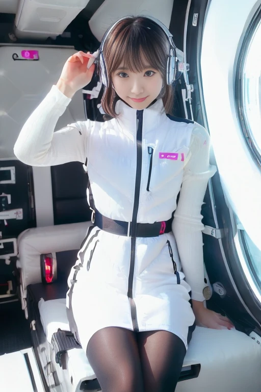 ((NSFW: 1.4)), (acrobatic pose):10,((Detailed face, Professional photography)), ((NSFW, zettai ryouiki, 1 girl)), Ultra-high resolution, (Realistic: 1.4), RAW Photos, highest quality, (PhotoRealistic Stick), concentrated, Soft Light, ((30 years old)), ((Japanese)), (( (Young Face))), (surface), (Depth of written boundary), masterpiece, (Realistic),(inside ISS):3, woman, ,astrovest:2,headphone:2,smartwatch,,bangs, ((1 girl)),(black sleeves):2,(black tights):2,inside spacestation,inside spacecraft,,zero gravity,smile,open leg,blush:1.5,hidden hands,neotech