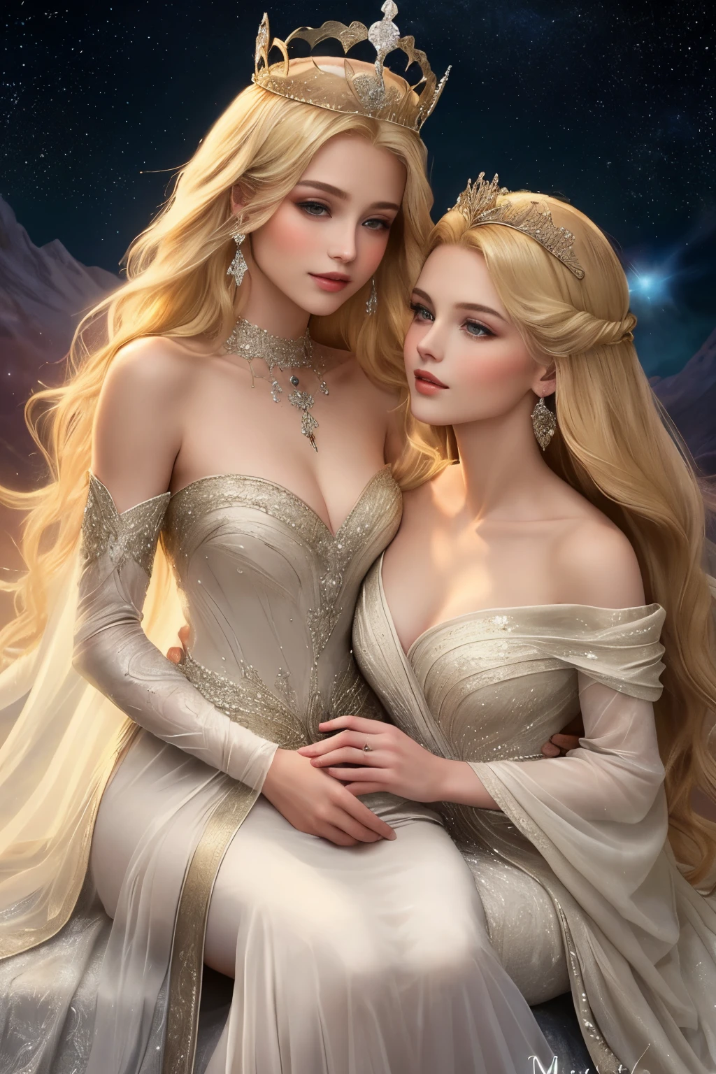 ((best quality)), ((Meisterwerk)), (detailed), perfektes Gesicht long blonde haired crowned celestial fairytale queen with unattaiinable beauty and grace and volouptous chest dressed in long ethereal magnificent luminous flowing billowing gown kisses her mortal  daughter tenderlous, ethereal elegace, cosmic queen, blooming grace, goddess,  