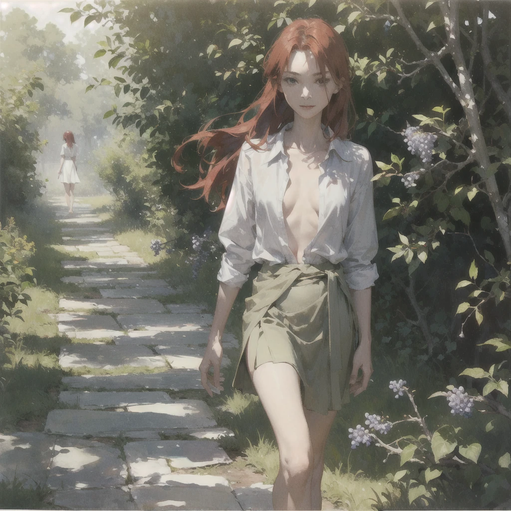 Beautiful slender thin exquisite (nude) girl  with a perfect face of the southern type with red hair with tender breasts with tender nipples barefoot with bare hips ((with red pubic hairs)) ((in an unbuttoned light shirt over a naked body and a short blue skirt)) walks along a brick road in the middle of a flowering field, in a gentle watercolor style, Discreet shades, sfumato, haze, diffused dim light, delicate mint shades, imitation of film photography, (olive and grape groves, Brick Road)