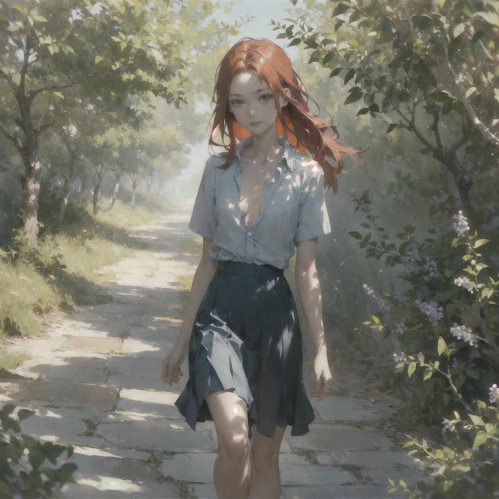 Beautiful slender thin exquisite (nude) girl with a perfect face of the southern type with red hair with tender breasts with tender nipples barefoot with bare hips ((with red pubic hairs)) ((in an unbuttoned light shirt over a naked body and a short light blue skirt)) walks along a brick road in the middle of a flowering field, in a gentle watercolor style, Discreet shades, sfumato, haze, diffused dim light, delicate mint shades, imitation of film photography, (olive and grape groves, Brick Road)