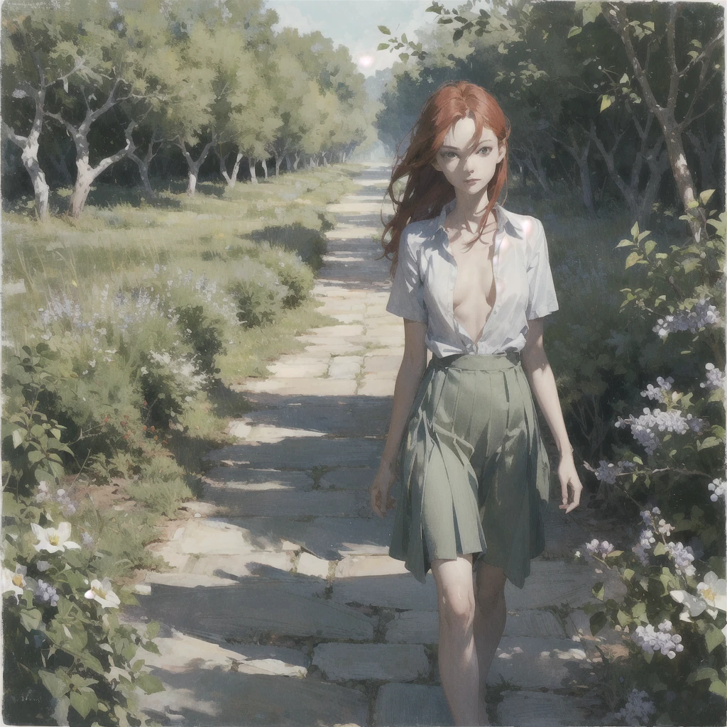 Beautiful slender thin exquisite (nude) girl with a perfect face of the southern type with red hair with tender breasts with tender nipples barefoot with bare hips ((with red pubic hairs)) ((in an unbuttoned light shirt over a naked body and a short light blue skirt)) walks along a brick road in the middle of a flowering field, in a gentle watercolor style, Discreet shades, sfumato, haze, diffused dim light, delicate mint shades, imitation of film photography, (olive and grape groves, Brick Road)