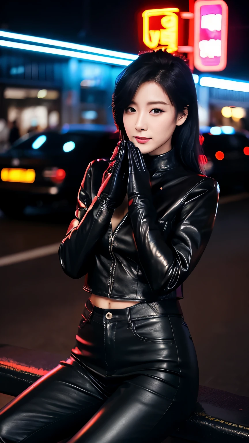 black leather rider jacket, Office in the Dark, Black leather gloved fingertips on both hands,Wearing black leather gloves,Sitting in a black leather chair、 Japanese female new recruits (Black leather gloves cover both hands) (The angle is horizontal)、Black Leather Pants,Black Leather Black Leather Pants,Black Leather Skinny Pants、Long black leather boots on both feet、Black Hair ((He wears black leather gloves on his hands))Full Body Photo,full body shot full body full body leather suit,☺If you turn in this direction。Wearing black leather gloves,Wearing black leather gloves,Wearing black leather gloves,Wearing black leather gloves,Wearing black leather gloves,Wearing black leather gloves,黒のレザーパンツが美しい😍黒のレザーパンツが美しい😍黒のレザーパンツが美しい,😍Smiling while looking at me,City lights、((Neon Cyberpunk City Street:1.3))、(Neon Light)、Detailed lighting、

Best image quality、Ultra-high resolution、(realism:1.4)、Korean Beauty Star、The most beautiful KPOP stars、face、Horny Korean Makeup、A body that makes you want to touch it、Realistic leather texture、Costume made of smooth leather fabric、The drape of the curved parts of the leather fabric、The costume is very shiny、Quality of the costume、8K Photo Quality