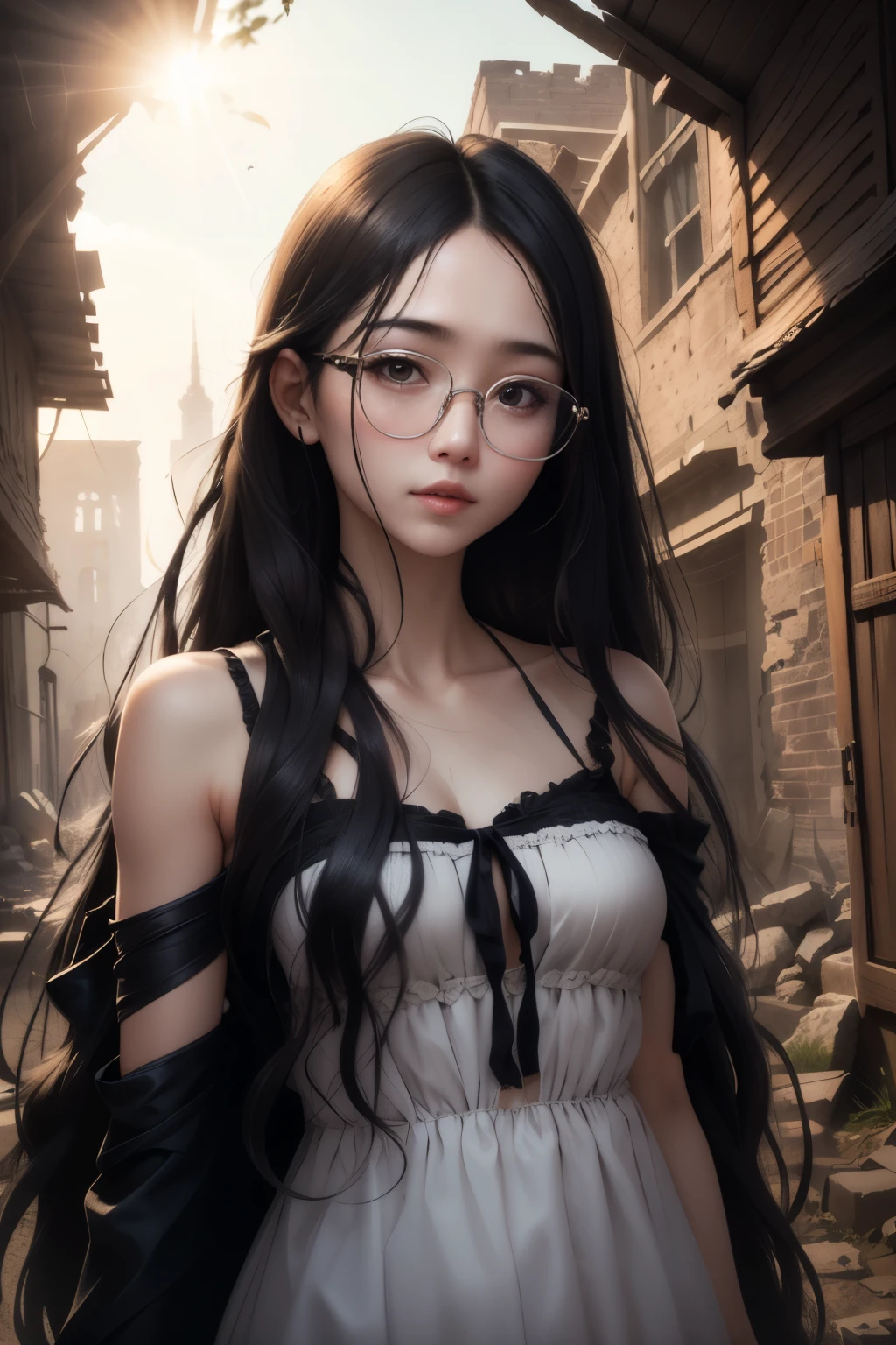 ((highest quality)), ((masterpiece)), (detailed), Perfect Face、Tattered dress、Long Hair、Black Hair、In the ruins、Glasses、Sunshine pours in、