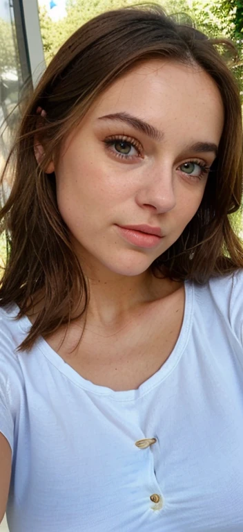 Femme brune de 30 ans, qui a un visage très naturel, thin lips, t-Shirt, gros seins, yeux fins, Sourcils fins,long cils, dehors, selfie.